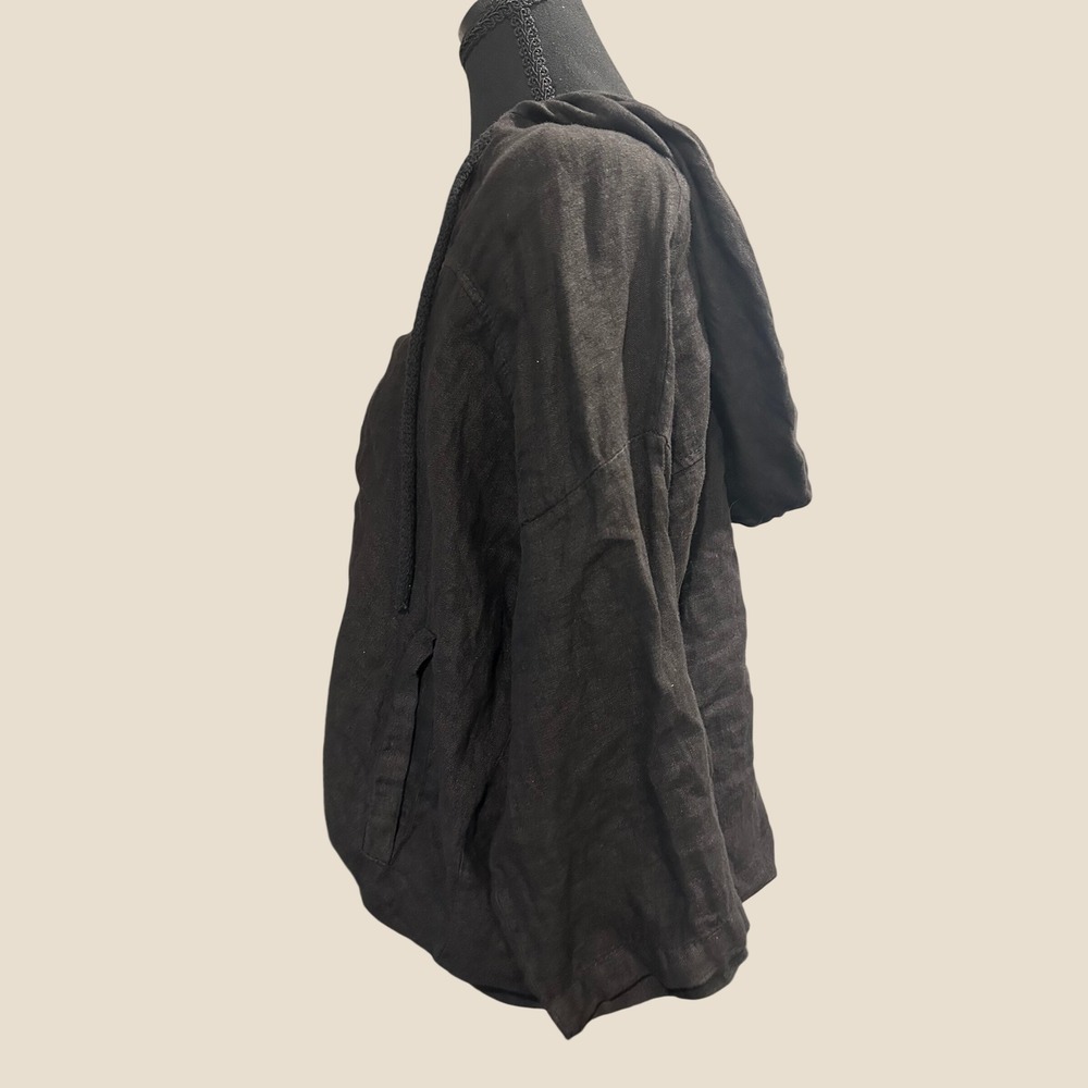 Liabella Black Linen Zip Up Hooded Jacket Boxy Relaxed Fit Three Quarter Sleeve - Picture 4 of 7